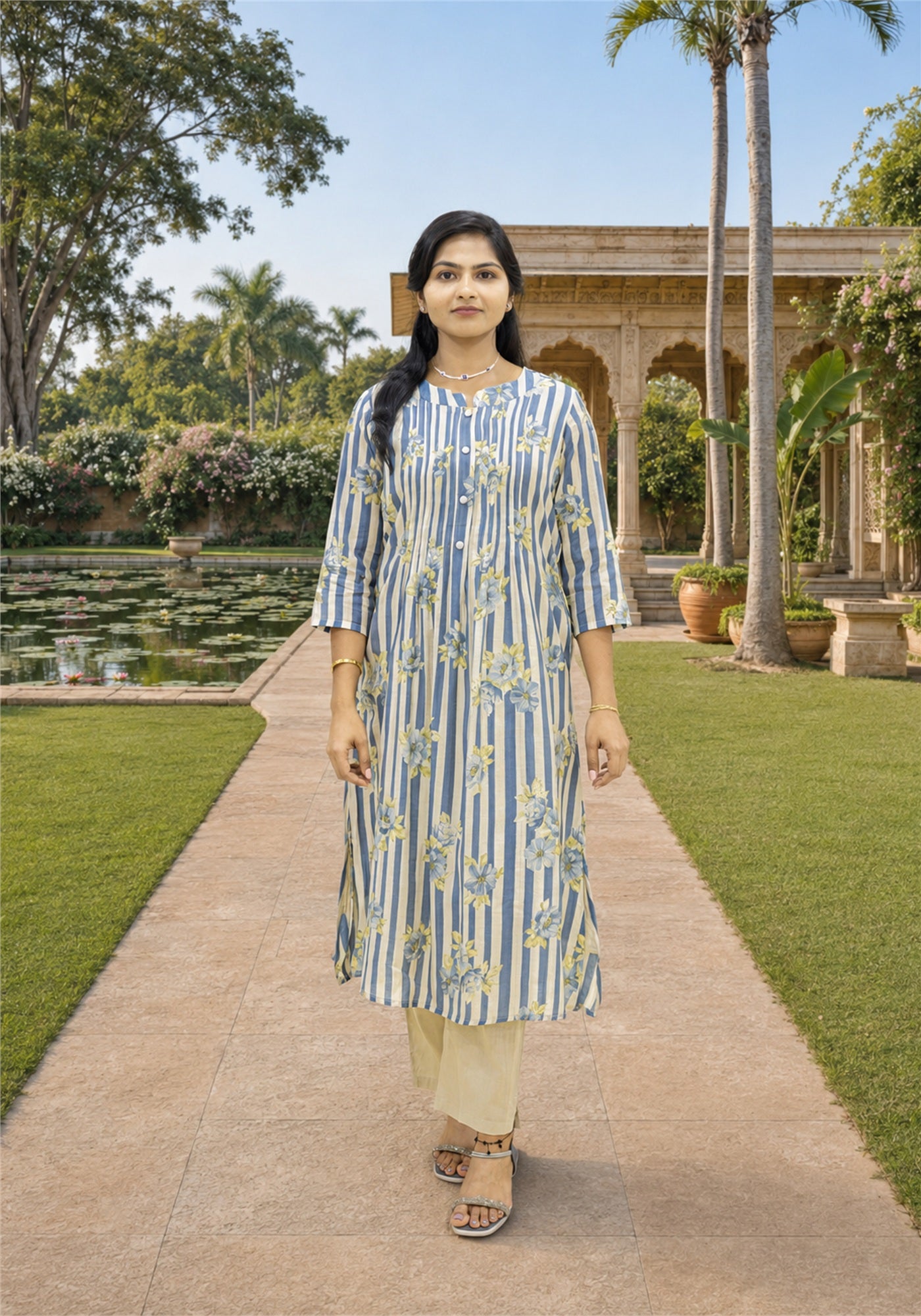Blue Cream Cotton Stripe Floral Kurta Pant Set - Ashoka Threads - K2-D6-26-BLU - view 1